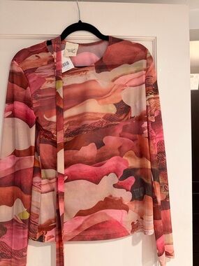 Abstract Print Long-Sleeve Blouse - Pink Multi
